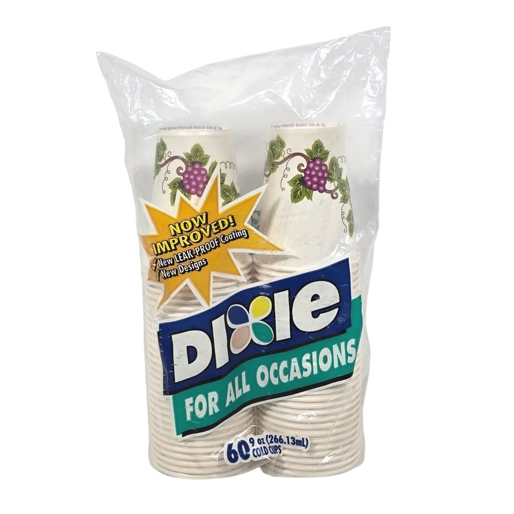 VTG 2002 Dixie‎ Cups 9 oz 60 Count Grape Vine Design Leak Proof Coating Sealed